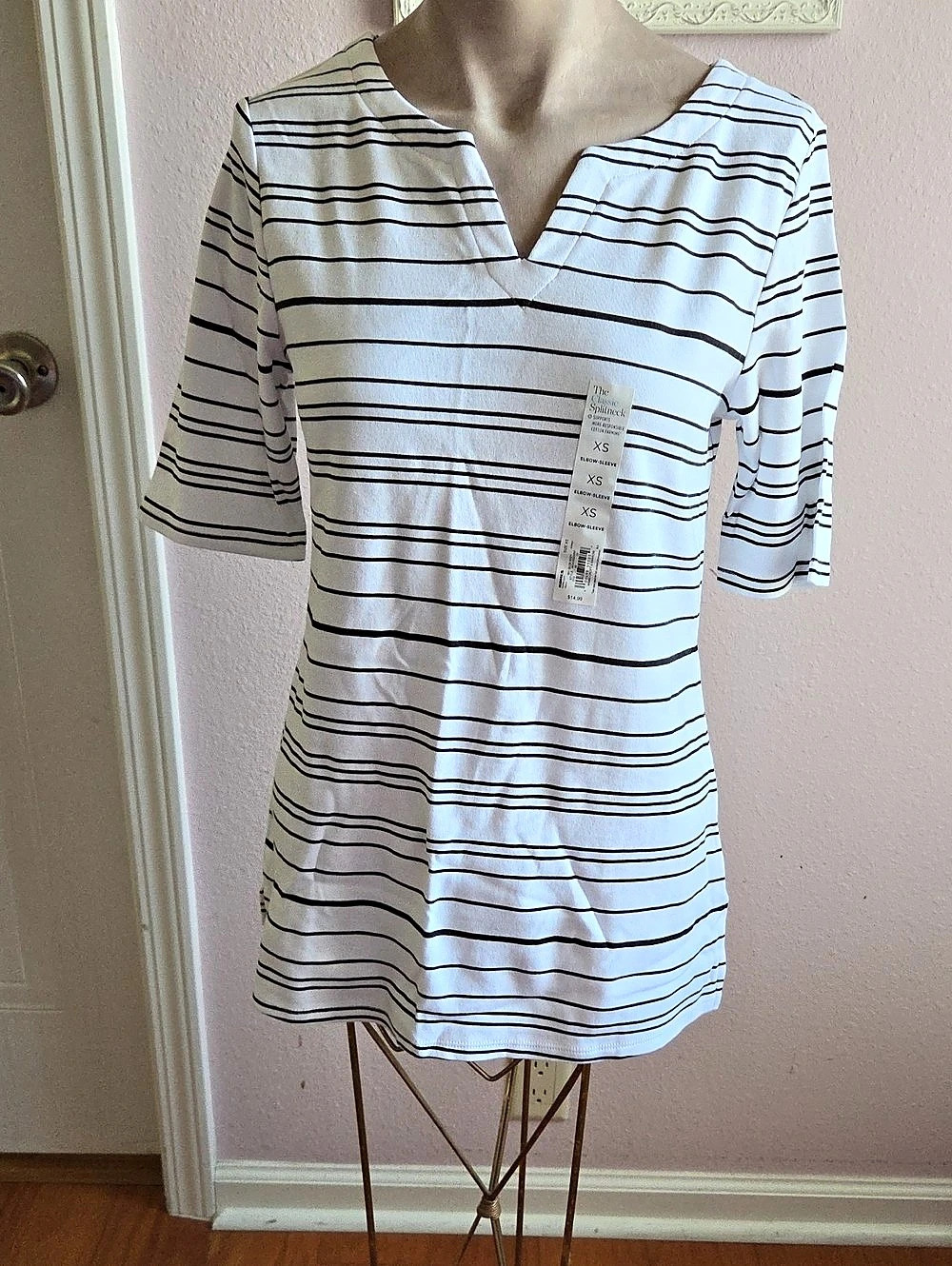 Croft Classic Splitneck Striped Split-Neck Top in White & Black Size XS NWT
